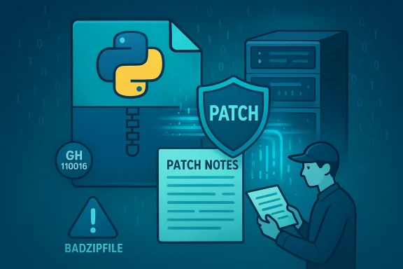 Illustration of patching a Python BadZipFile vulnerability with patch notes and a technician.