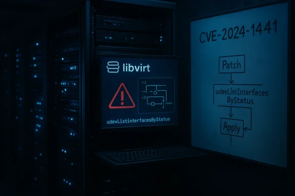Server rack with a blue-lit display showing a libvirt warning and CVE-2024-1441 patch diagram.