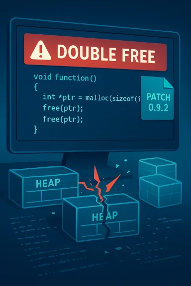 Illustration of a double-free memory error with the heap breaking apart.