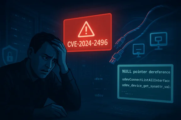 A distressed man sits in a server room under a red CVE-2024-2496 warning.