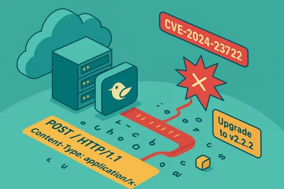 Cartoon illustrating a CVE vulnerability (CVE-2024-23722) with upgrade to v2.2.