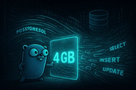 A cute blue gopher points to a glowing 4GB PostgreSQL data card.