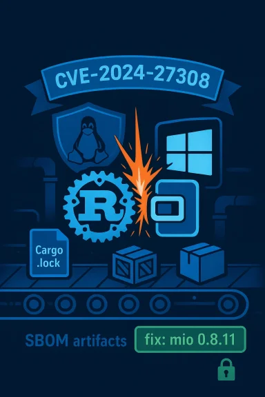 Poster-style illustration of CVE-2024-27308 with SBOM artifacts, cargo.lock, and a fix (mio 0.8.11).