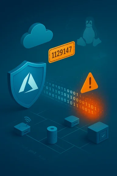 Cybersecurity illustration with a cloud, shield, warning icon, and glowing binary data.