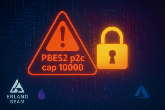 Orange warning triangle showing PBES2 p2c cap 10000 beside a glowing padlock on a circuit-board backdrop.