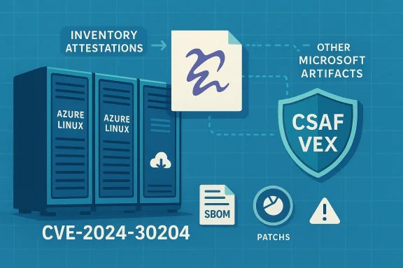 Infographic of CVE-2024-30204: Azure Linux servers with inventory attestations, SBOM, patches, CSAF VEX.