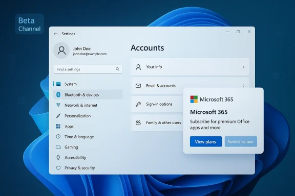 Windows 11 Settings window showing Accounts and a Microsoft 365 promo card.