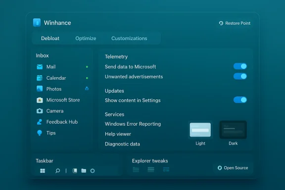Teal Windows-style settings panel labeled Winhance with Debloat, Optimize, and Telemetry toggles.