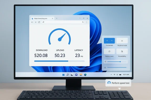 Desktop monitor shows a speed test result: 520.08 Mbps down, 50.23 Mbps up, 23 ms latency.
