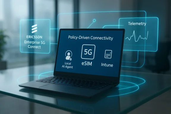 Laptop shows policy-driven connectivity with 5G, eSIM, and AI/Intune icons, surrounded by holographic telemetry. Laptop shows policy-driven connectivity with 5G, eSIM, and AI/Intune icons, surrounded by holographic telemetry.