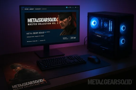 Gaming desktop setup with a monitor displaying Metal Gear Solid Master Collection Vol. 2 and a blue-lit PC.