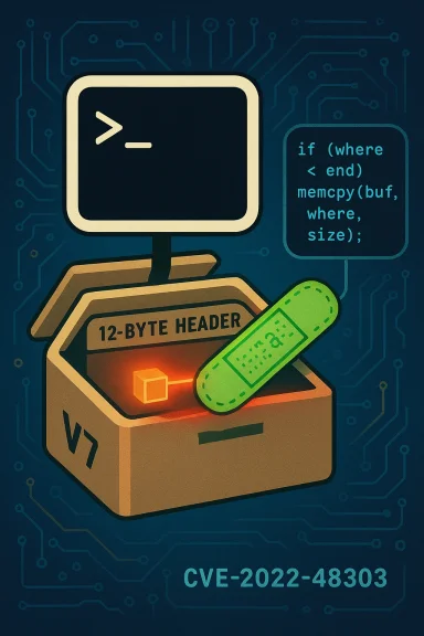 Illustration of CVE-2022-48303 vulnerability with a 12-byte header and patch.