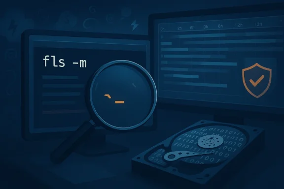 Digital forensics: magnifying glass over a screen showing 'fls -m', with a hard drive and shield.