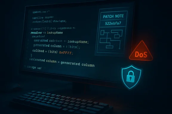 A computer monitor displays code, a patch note, and a DoS warning with a shield icon.