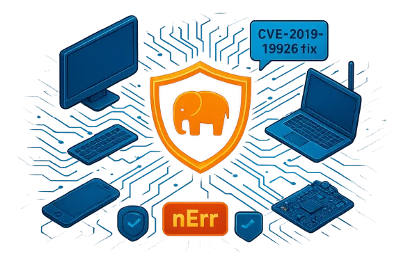 An orange shield with an elephant logo protects devices, signaling a CVE-2019-19926 fix.