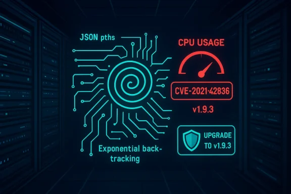 Neon circuit-drawn dashboard in a server room showing JSON paths, CPU usage, and CVE-2021-42836.