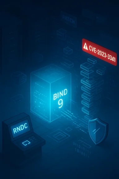 Cyber scene showing BIND 9 vulnerability CVE-2023-3341 with patch and shield.