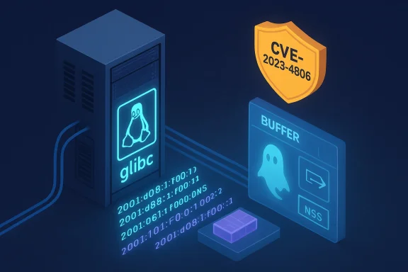Linux server running glibc exposed to CVE-2023-4806 buffer overflow vulnerability.