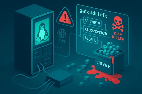 Linux server with warning icons and an OOM KILLER motif beside a spilled container.