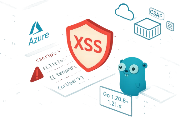 A glowing red XSS shield sits center-stage among code, Azure logo, cloud icon, and a Go gopher.