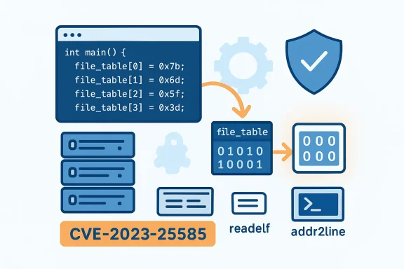 Exploit flow diagram for CVE-2023-25585, showing code, file_table manipulation, and readelf/addr2line tools.