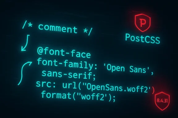 Neon code snippet with a CSS font-face block and PostCSS branding.