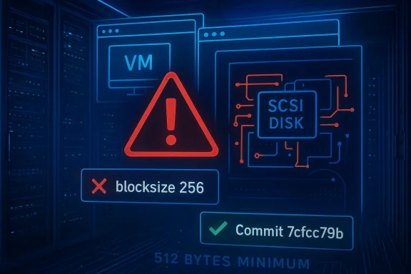 Neon-blue data center displays storage warnings: blocksize 256, SCSI disk, and a commit ID.