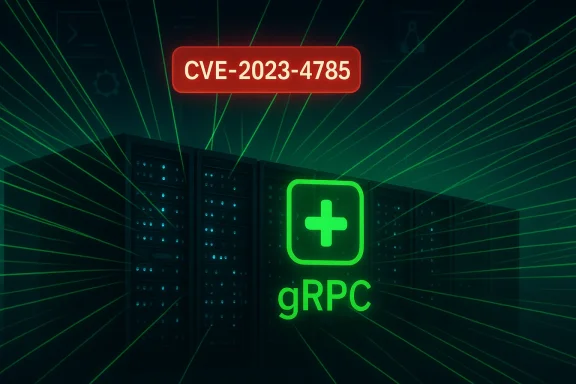 Neon-green data center servers display a gRPC sign with a CVE-2023-4785 alert.