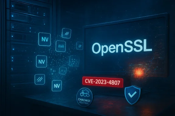 OpenSSL vulnerability CVE-2023-4807 highlighted in a futuristic data-center security scene.