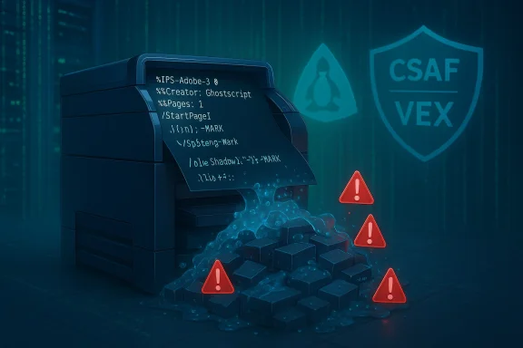 Printer prints Ghostscript code as spilled keyboard keys and red warning icons glow in a cyber-security scene.