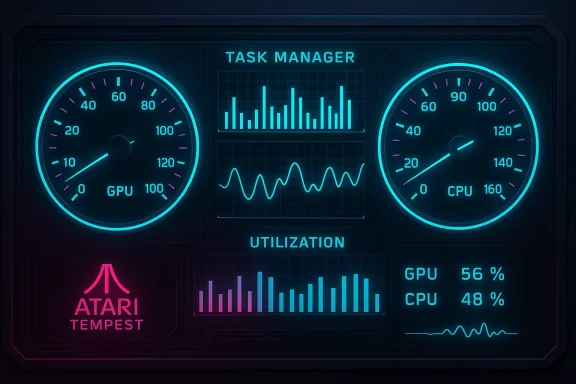 Neon dashboard showing a task manager with GPU/CPU gauges and usage graphs, Atari Tempest branding.