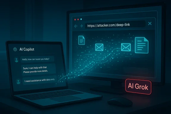 An AI Copilot chat on a laptop beside a monitor displaying a deep-link web page.