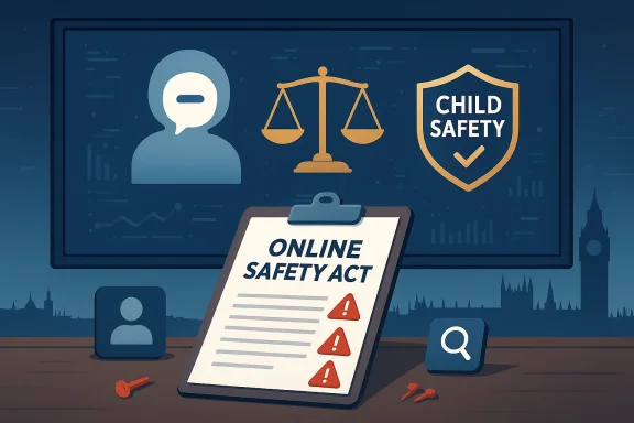 Illustration of an Online Safety Act with scales of justice and a child-safety shield.