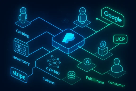 Neon diagram showing PayPal at the center linking catalog, inventory, fulfillment, and partners.