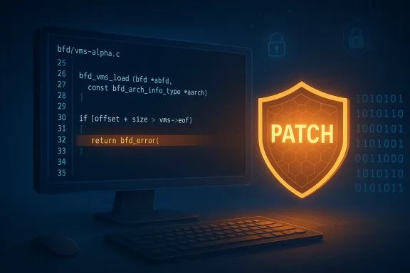 Code on screen with a glowing PATCH shield, symbolizing security patching.