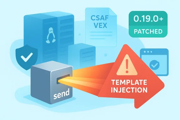 A cybersecurity illustration showing a template injection attack targeting a server system.