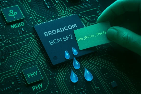 Close-up of a Broadcom BCM SF2 chip on a PCB, as a hand places a tag reading phy_device_free().