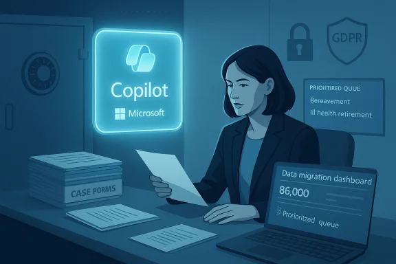 A woman reviews documents at a desk beneath a glowing Copilot sign in a GDPR-compliant office.