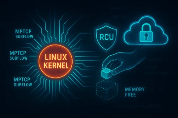 Linux kernel at center, connected to MPTCP subflows, an RCU shield, and cloud security.