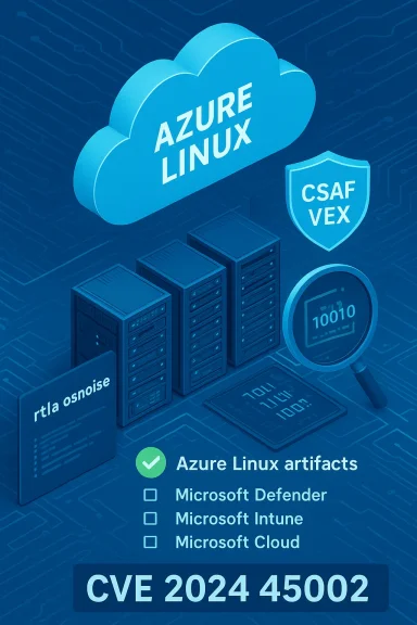 A blue-toned infographic featuring Azure Linux cloud, server racks, a CSAF VEX shield, and CVE 2024 45002.