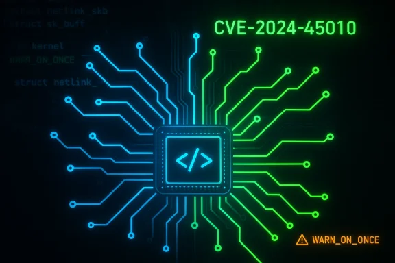 Glowing neon circuit board centered on a microchip, highlighting CVE-2024-45010 warning.