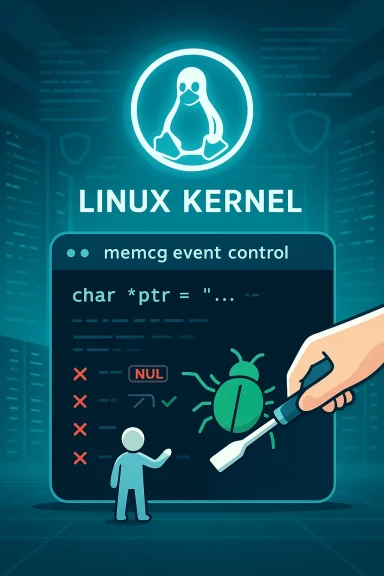 Stylized Linux kernel illustration: a code panel and a hand with a scalpel cutting a bug.