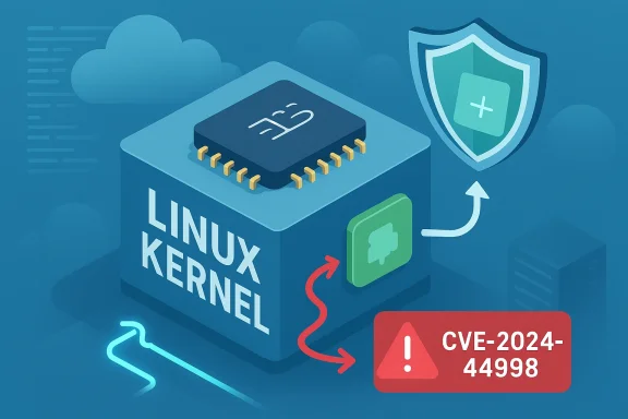 Illustration of a Linux Kernel module highlighting CVE-2024-44998 vulnerability.
