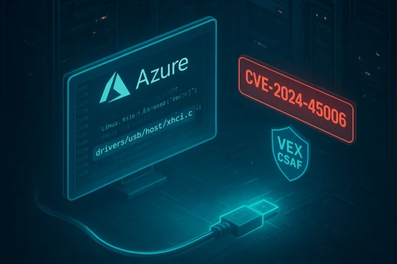 Azure screen shows a CVE-2024-45006 alert beside a VEX CSAF shield in a server room.