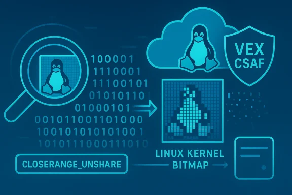 Cybersecurity diagram showing Linux kernel bitmap, penguin logos, and binary data.