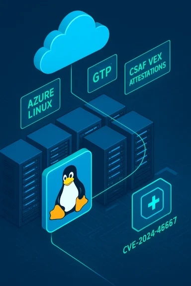 Cloud data center illustration showing Linux (Tux) servers and the CVE-2024-46667 vulnerability.