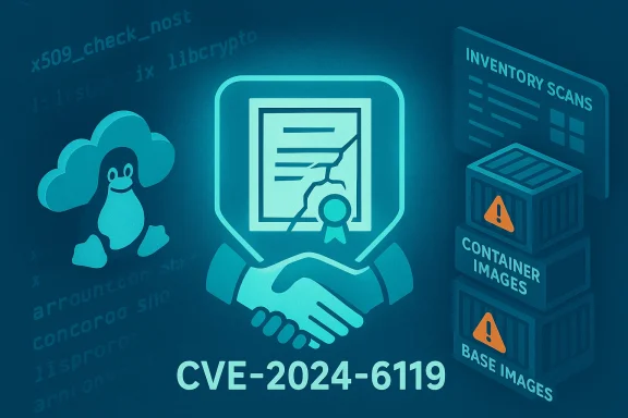 Illustration for CVE-2024-6119: cloud, Linux penguin, handshake, cracked cert, and container image scans.