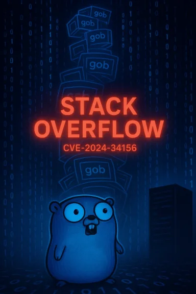 Blue neon poster shows a surprised beaver beneath “STACK OVERFLOW” and CVE-2024-34156 amid binary rain.