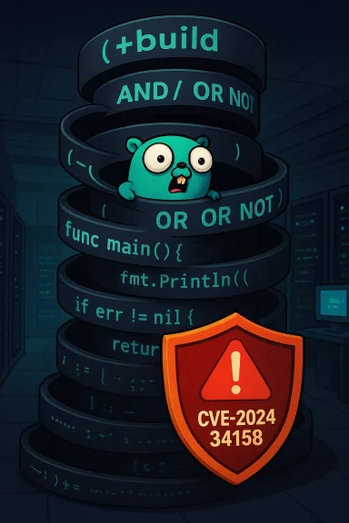 A panicked teal cartoon bear peeks from spiraling code ribbons, warning of CVE-2024 34158.