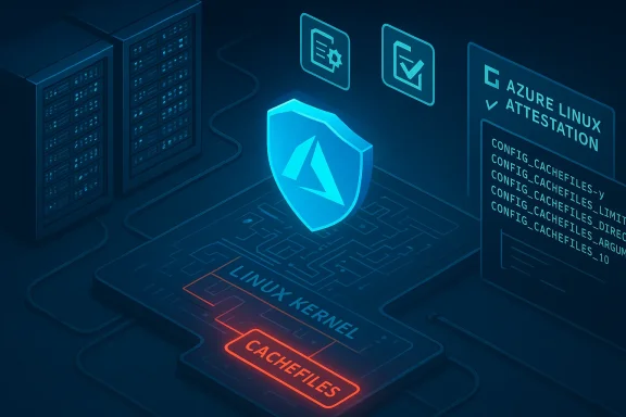 Futuristic data center featuring a glowing shield, Linux kernel, cachefiles, and Azure Linux Attestation.